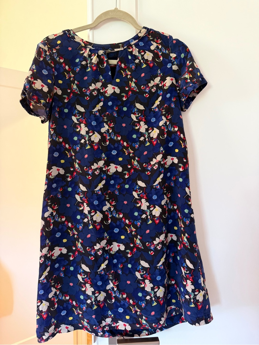 Comptoir dea Cotonnier Silk Blue Floral Short Sleeve A-Line Dress